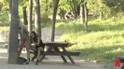 Busty blonde sex slave forced to fuck outdoor in public sex by sa