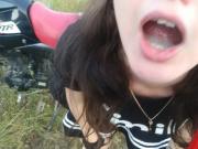 Beautiful emo schoolgirl fucks on motorcycle and sucks cock gets mouthful of cum