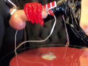 Cruel Femdom ESTIM cock torture handjob cums tru penis plug