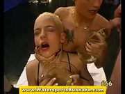 Sluts drinking piss at gangbang