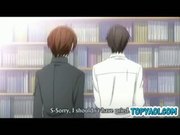 Hentai gay boy and man having kisses and love in library room