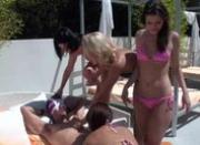 Clothed Women Reverse Gangbang Dude By The Pool