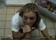 Blonde nasty young babe makes a hot blowjob in the kitchen