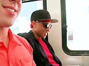 White gay stud gives blowjob to cool afro in bus