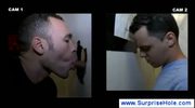 Boy jerks off on gays face through hole