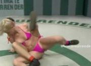 Teen lesbians with strong bodies fight in wrestling game for the pleasure to use strapons and toys