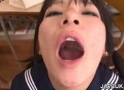 Japanese schoolgirl swallows load of cum