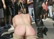 Gay bound sex slave humiliated in public and fucked in rough gang bang sex video