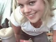 Sweet Blond uses Fleshlight on her man