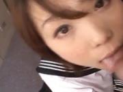 Morimoto Miku in school uniform sucks and licks three penises