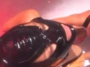 Masked latex subs toyed with by lesbian dominatrix