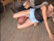 Mandy wrestles a guy her small shorts