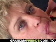 Horny old lady swallows two cocks at once