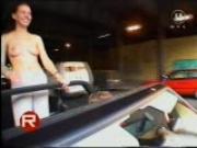 Public nude topless in cabrio