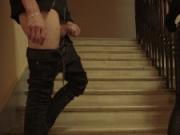 Fucked a Cute Student in Leather Pants on the Stairs in Entrance