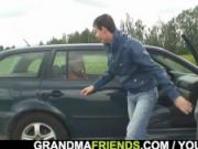 Two dudes pick up hot grandma and screw outside