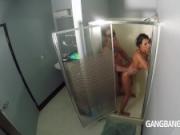 Horny pornstar gets fucked in shower after gangbang