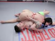 Charlotte Sartre naked wrestling fight and footjob on the loser