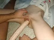 Try to stretched my pussy by huge monster dildo