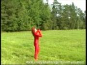 Big breasted Jana outdoor in red spandex