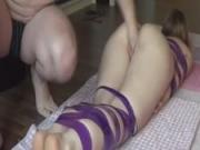 Fisting his girlfriends wrecked pussy in bondage