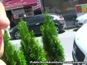 Public blowjob from blonde in red dress