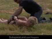 Blonde babe tied and fucked on the plaine