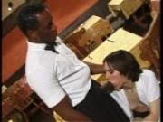 Waiter and waitress set the table for sex