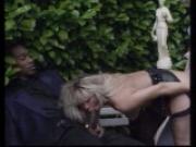 Hot blonde gets nailed by two guys on a park bench.