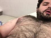 gay chub bear jerking off and cuming on his body