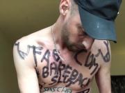 Fag strips and snows his marker pen signs