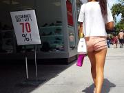 Candid voyeur tight pink shorts hottie tan legs in public
