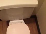 Tiny cock jerks off onto toilet seat