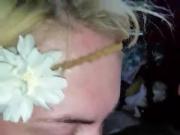 Blondie sucks dick till her face gets covered in cum