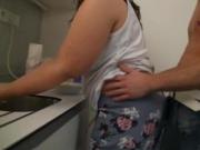Cooking big ass BBW riding his horny dick