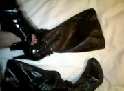 PVC gloved wank and cum shot over girlfriends boots