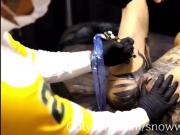 Crazy tattoo slut gets her butt hole tatted and suck 2 guys