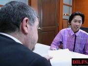 Asian twink barebacked by older male in office