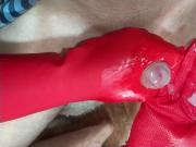 Cumming hard from my jerking off with rubber gloves POV