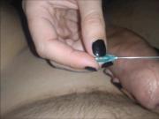 Cumshot through needle by girlfriend