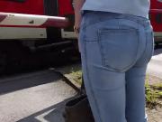 Very hot blonde teen with nice round jeans ass