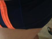 Me in Adidas swim brief dark blue with orange stripes Cum