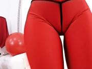 Big Cameltoe and Round Ass Babe In Tight Red Spandex