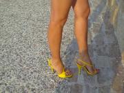 11 Walking around in yellow strappy high heel sandals v2