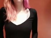 Pink hair teen strips in toilet