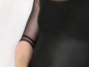 Small penis cums in black dance leotard