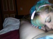 Blue haired babe gives awesome blowjob