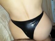 Fucking my wife's big ass in latex strings at home