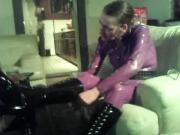 my wife in purple latex catsuit