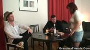 Granny plays strip poker and gets fucked by two guys